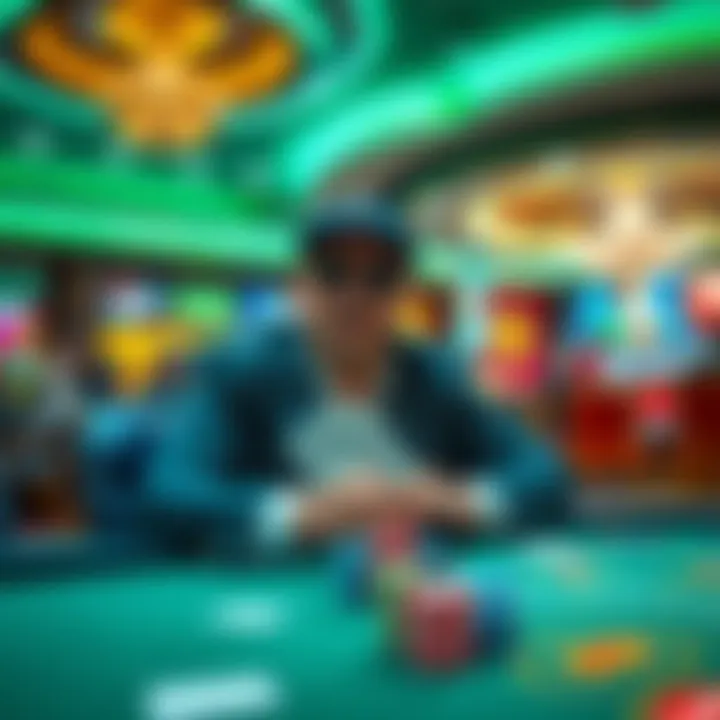 A high roller at a casino table with chips and cards, looking concerned after a gamble, amid a bustling casino environment.