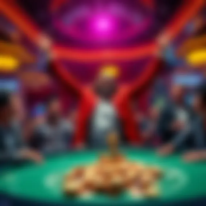 A high roller at a casino, throwing their arms in the air with joy after a big win, surrounded by chips and excited friends