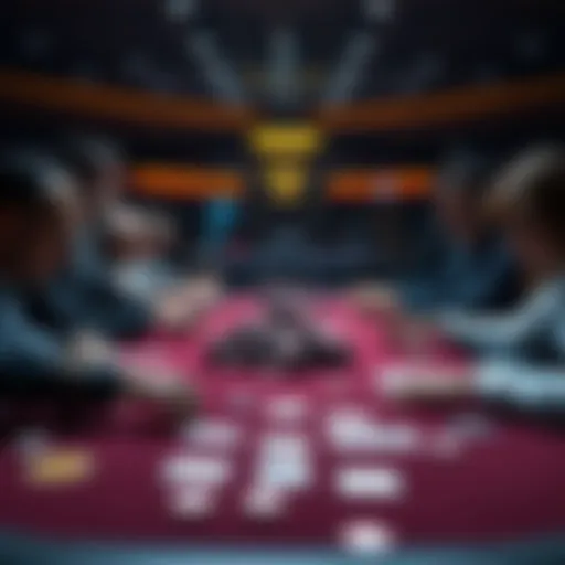 A high-stakes poker table with players focused on the game, chips stacked high and cards laid out, showcasing a tense atmosphere of competition.