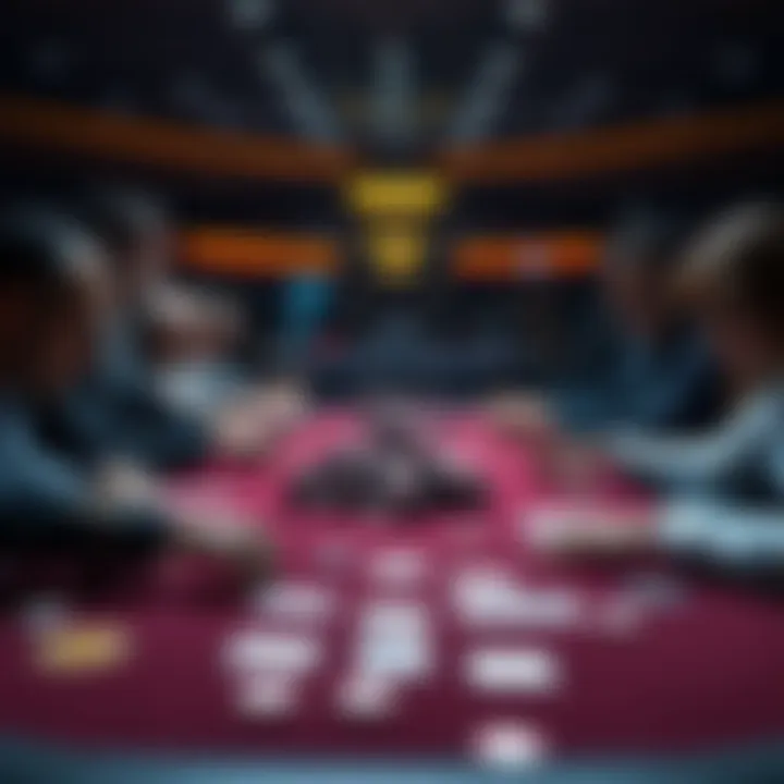 A high-stakes poker table with players focused on the game, chips stacked high and cards laid out, showcasing a tense atmosphere of competition.