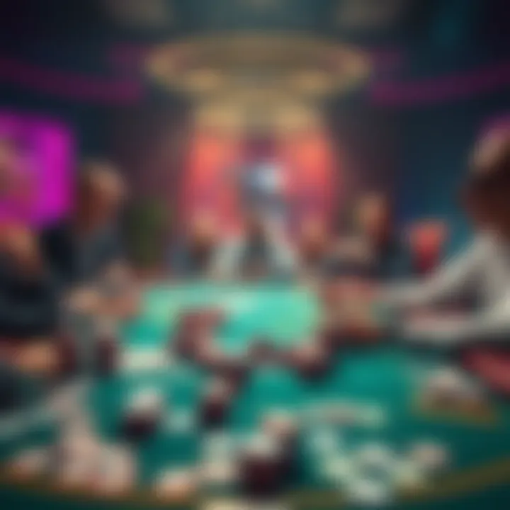 High-stakes poker game A group of players at a poker table surrounded by chips and cards, showcasing excitement and tension in a casino setting.