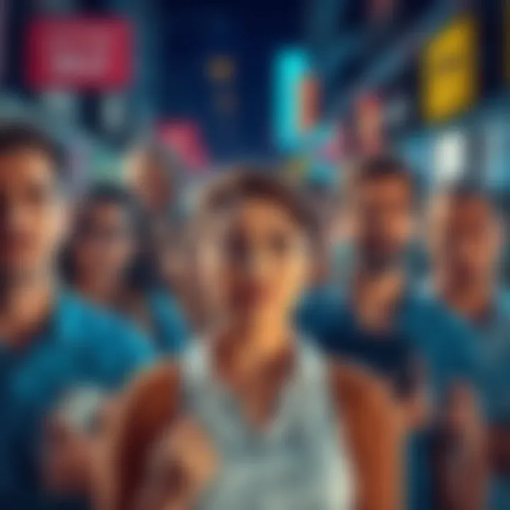 A diverse group of people showing signs of stress and anxiety, with worried expressions in a busy urban setting.