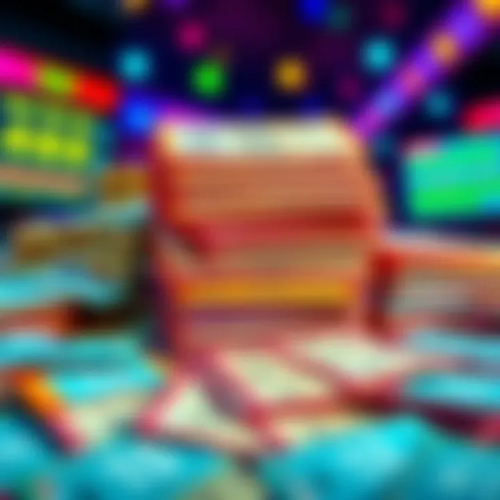 A colorful display of lottery slips and betting tickets stacked with vibrant graphics representing high odds, creating a playful and exciting atmosphere.