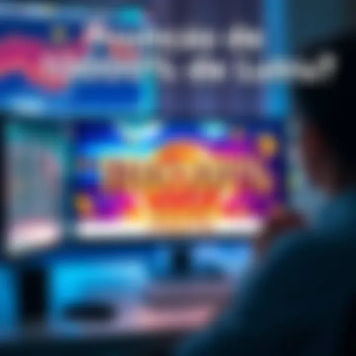 A person looking at a computer screen with a flashy advertisement claiming a 10000% profit increase, showing dollar signs and excitement.