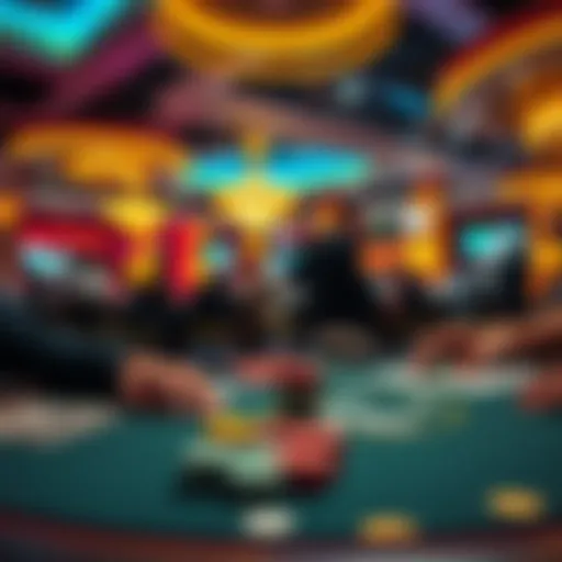 Poker table in Las Vegas showing a dealer collecting rake from players with chips and cash nearby.