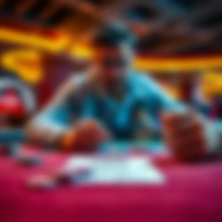 A person considering a large bet on a gambling table with chips and a $4000 deposit slip in view.