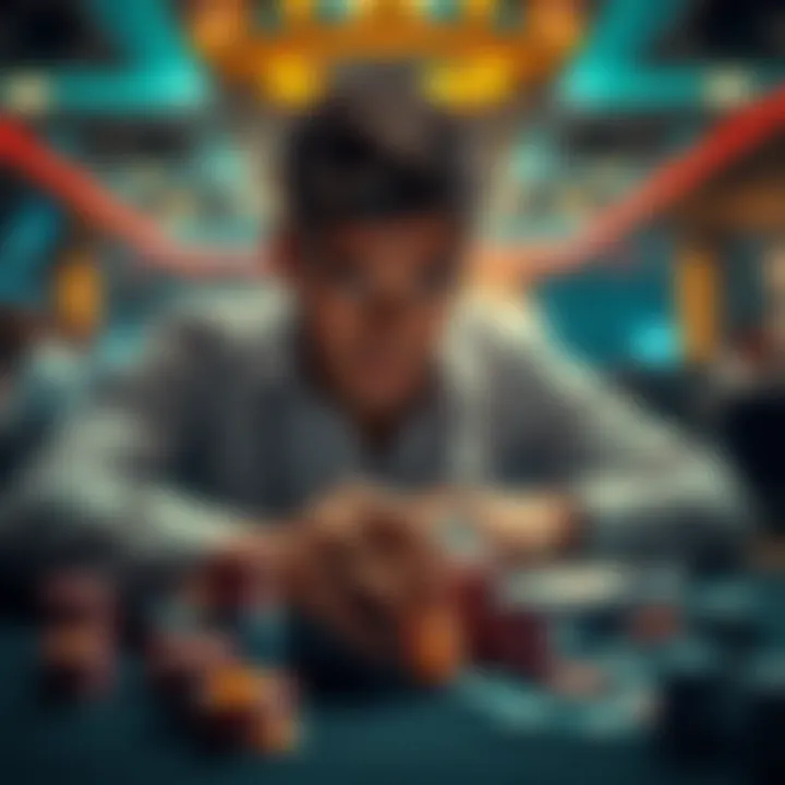 A person placing a high-stakes bet at a casino, surrounded by chips and cards, with an intense look on their face.