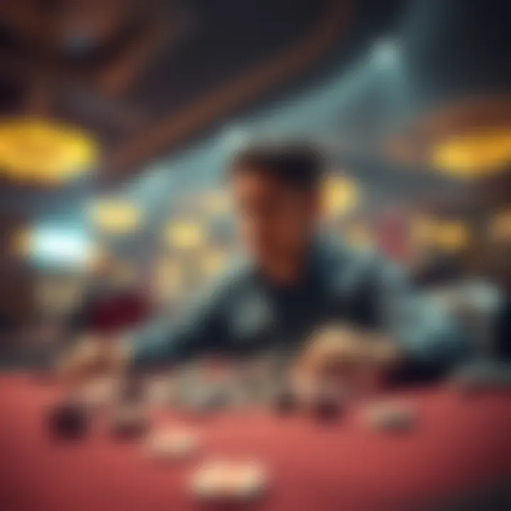 A worried person sitting at a casino table with empty chips, looking at their losses after a high-stakes bet.