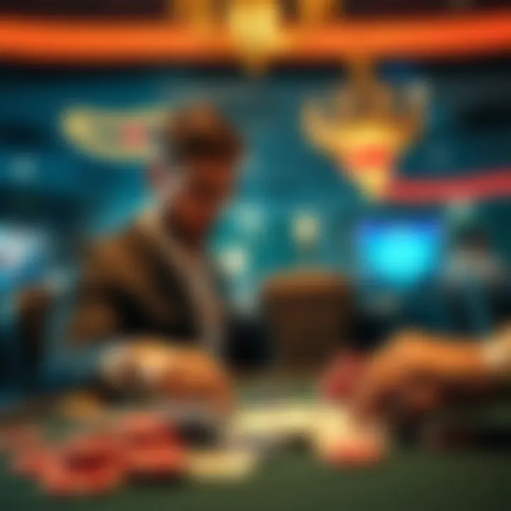 A focused blackjack player at a casino table, surrounded by chips and cards, looking for the best opportunities to win big.