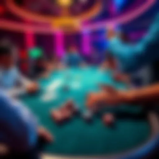 A vibrant blackjack table with players placing large bets, showing cards and chips