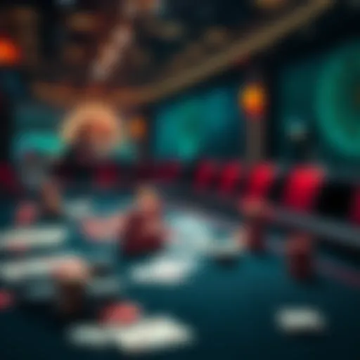 A luxurious casino table with high stakes chips and cards, showing a tense gaming atmosphere