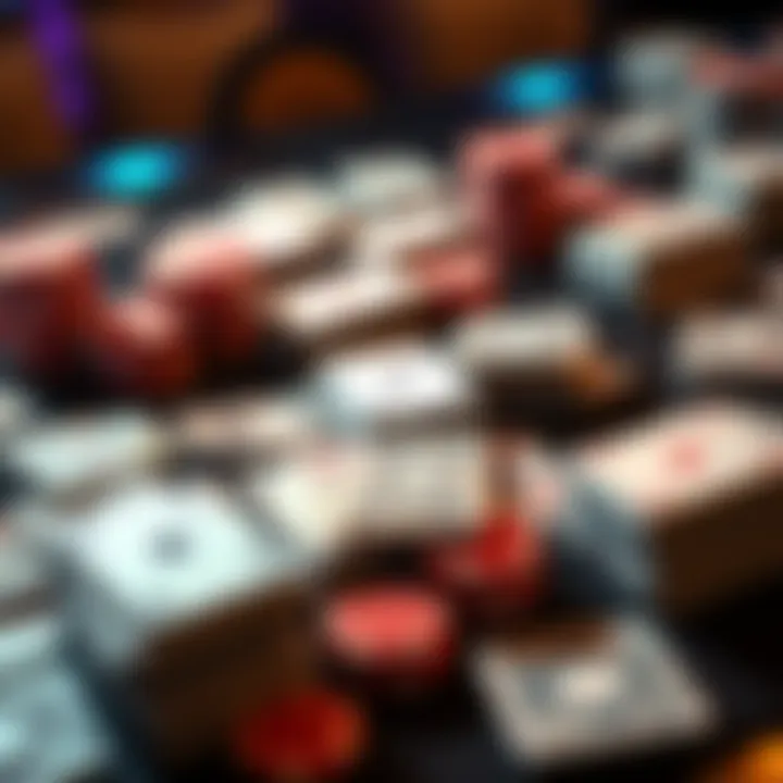 High stakes gambling with cards and money A table covered with playing cards and stacks of cash, illustrating the costs of gambling wins.