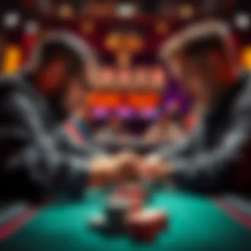 Two poker players with large chip stacks facing off during a crucial tournament bubble, displaying tension and strategy.