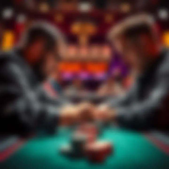 Two poker players with large chip stacks facing off during a crucial tournament bubble, displaying tension and strategy.