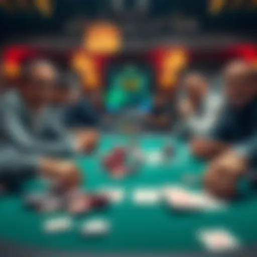 A high stakes poker table with players looking concerned about a bad beat situation in a large pot. Chips are scattered and cards are laid out on the table.