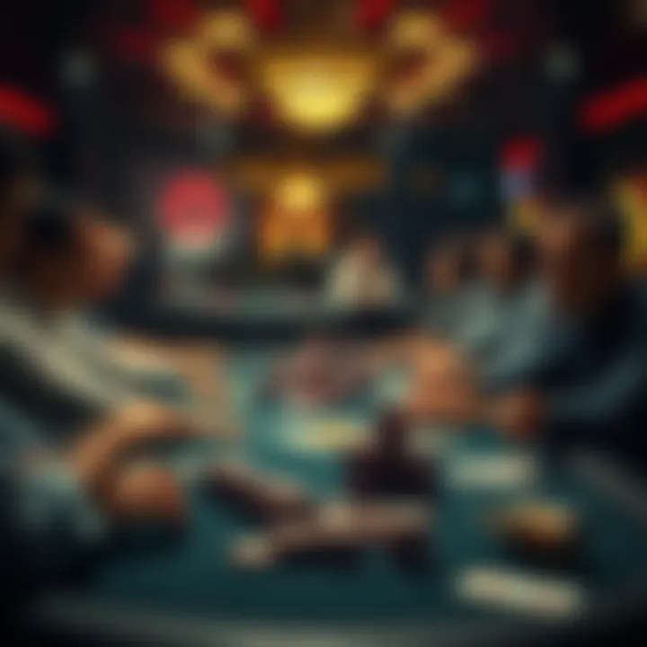 A high stakes poker table in Las Vegas with various players engaged in the game, showcasing stacks of chips and focused expressions.