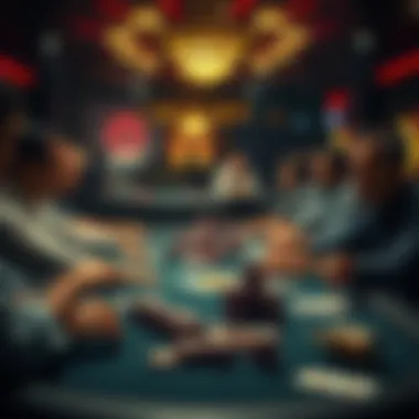 High Stakes Poker Table A high stakes poker table in Las Vegas with various players engaged in the game, showcasing stacks of chips and focused expressions.