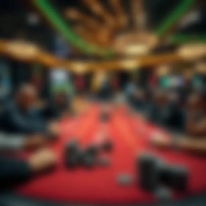 High-stakes poker table in Las Vegas A high-stakes poker table with players and black chips in a Las Vegas casino