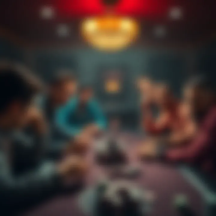 A group of players gathered around a poker table, focused on their cards and chips, with high stakes and intense expressions, set in a private room with dim lighting.