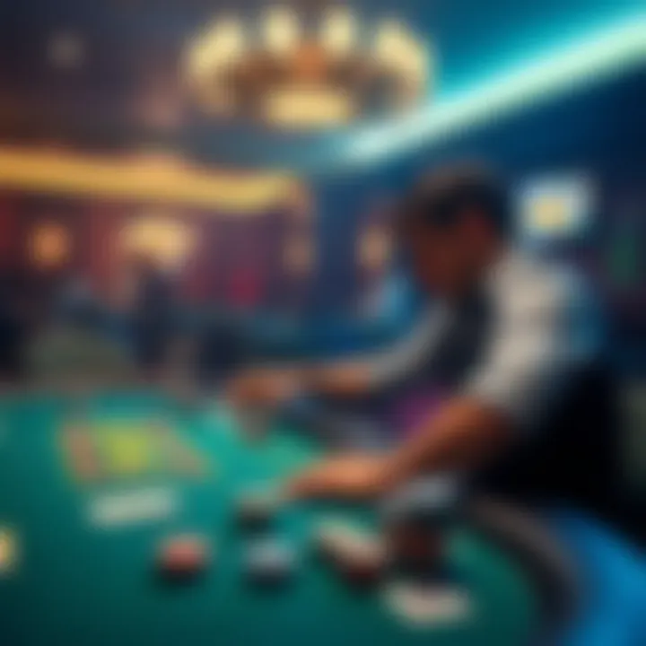 A player enjoying a high stakes table game in a California card room, with chips and cards on the table, highlighting a lively atmosphere.