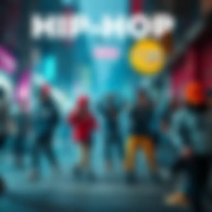 A vibrant street scene showcasing diverse people engaged in hip-hop dance and music, reflecting the cultural impact of hip-hop today.