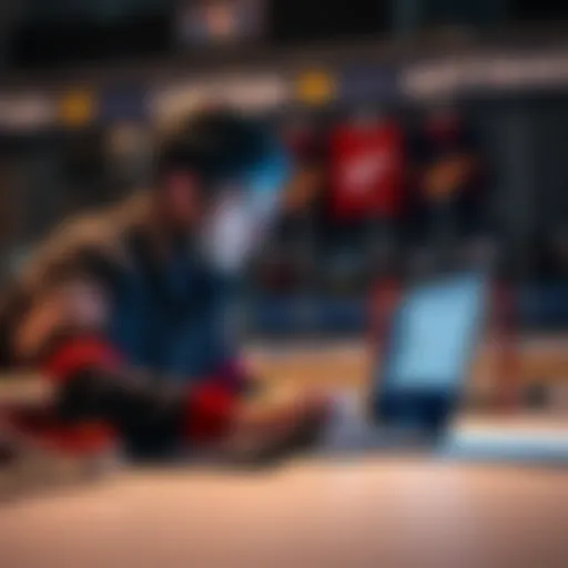 A person studying hockey statistics and odds on a laptop, with hockey gear in the background.