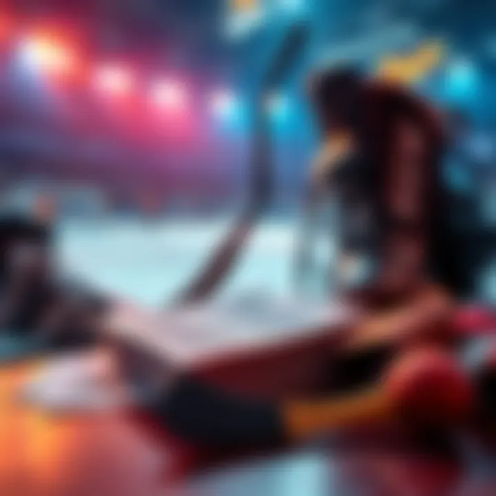 A visual representation of a sports betting setup with hockey gear and betting slips on a table