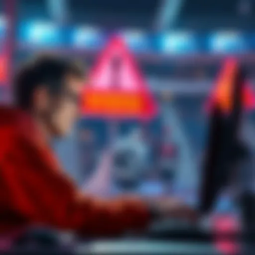 A person looking concerned while checking hockey betting odds on a computer, with a warning sign in the background.