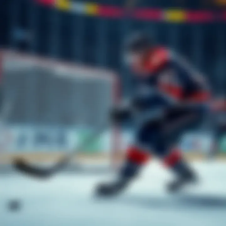 A hockey player in action, shooting a puck towards the goal during a game