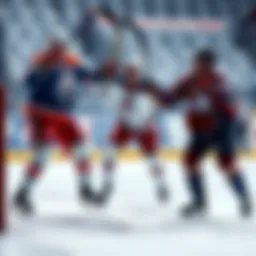 Hockey players from Edmonton Oilers, Carolina Hurricanes, and Colorado Avalanche celebrate a goal on the ice during a game.
