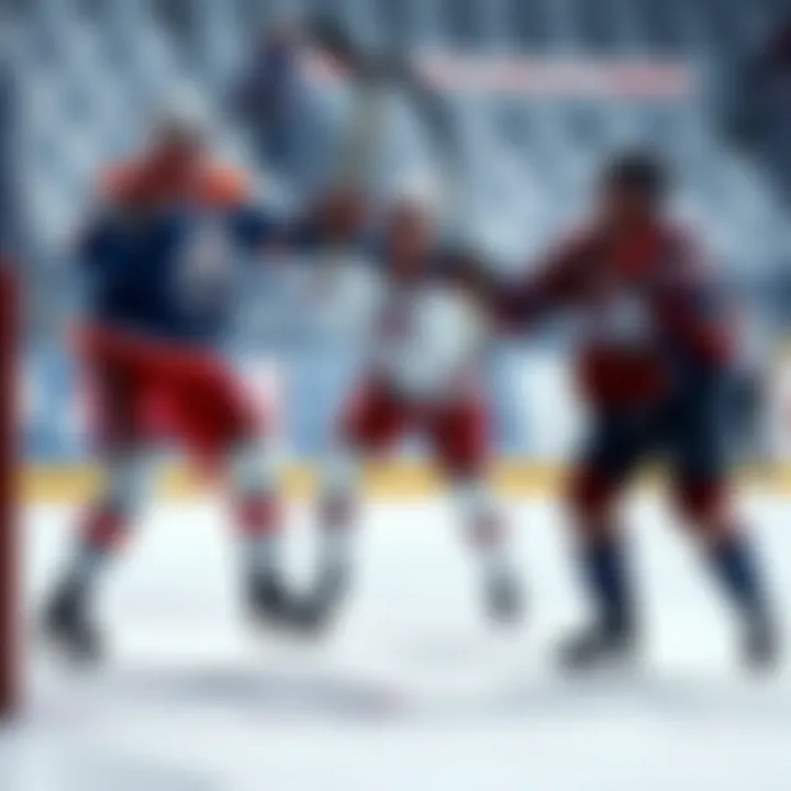 Hockey players from Edmonton Oilers, Carolina Hurricanes, and Colorado Avalanche celebrate a goal on the ice during a game.