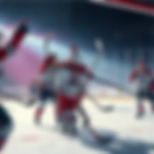 Hockey players celebrate after scoring a goal during a competitive match, showcasing teamwork and excitement on the ice.