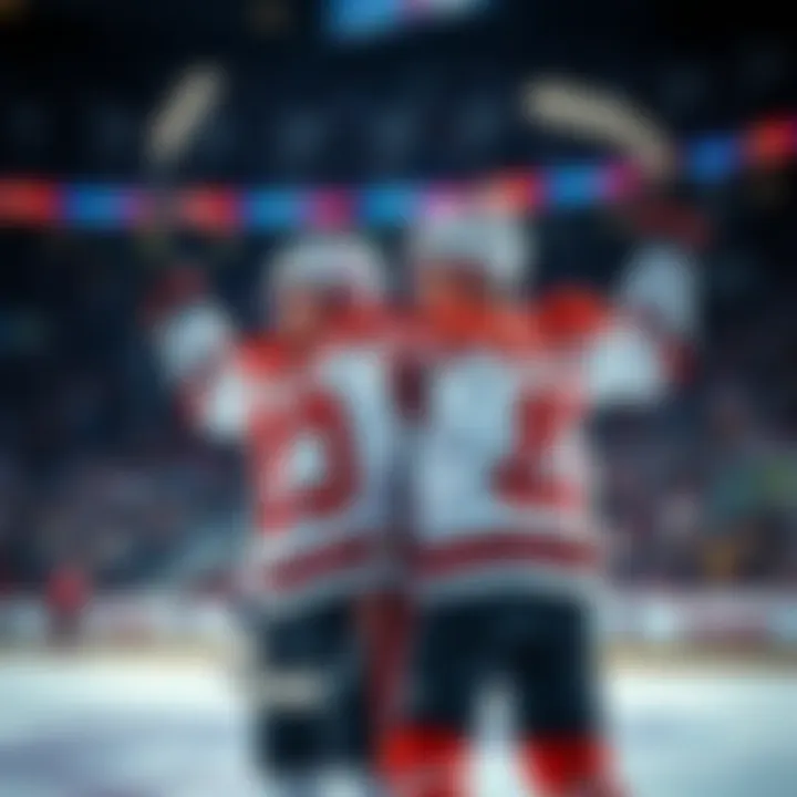 Two hockey players celebrating after scoring goals in a game, excitement in the air