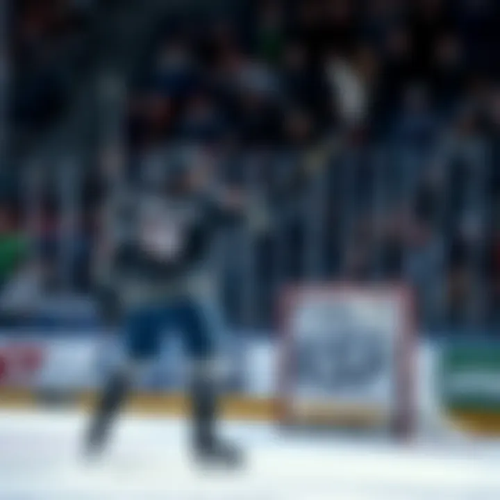 Two hockey players celebrating a goal on the ice, with fans cheering in the background.