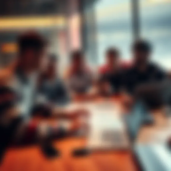 A group of people analyzing hockey statistics and team performance at a table, with charts and game footage on a laptop