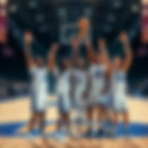 Hofstra basketball players celebrating a recent game win, showing excitement and teamwork.