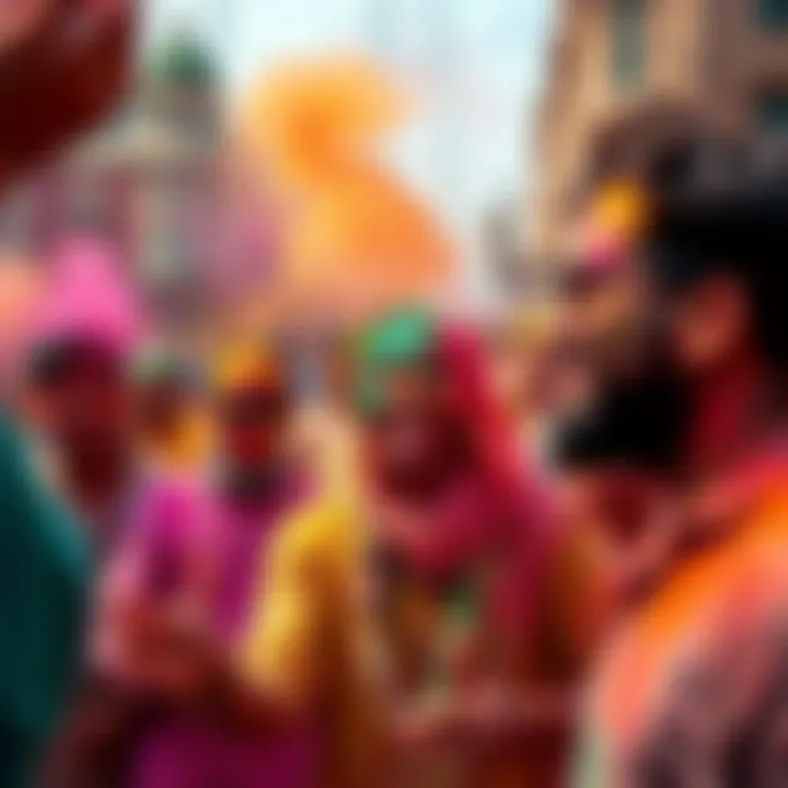 People celebrating Holi with colorful powders and joy, showcasing traditional Indian festivities.