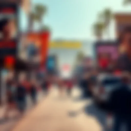 A busy Hollywood street with movie posters and people celebrating upcoming films.