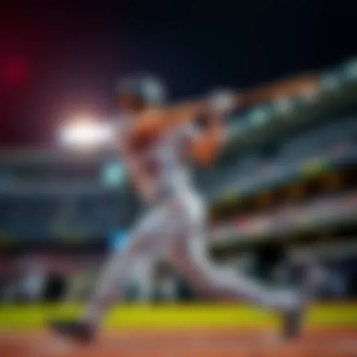 Bryce Harper swinging the bat and hitting a home run during the DraftKings event in a baseball stadium