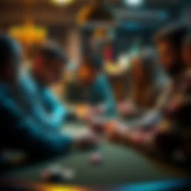 A group of friends gathered around a table playing poker, focusing on their cards and chips, showcasing intense concentration and gameplay tactics.