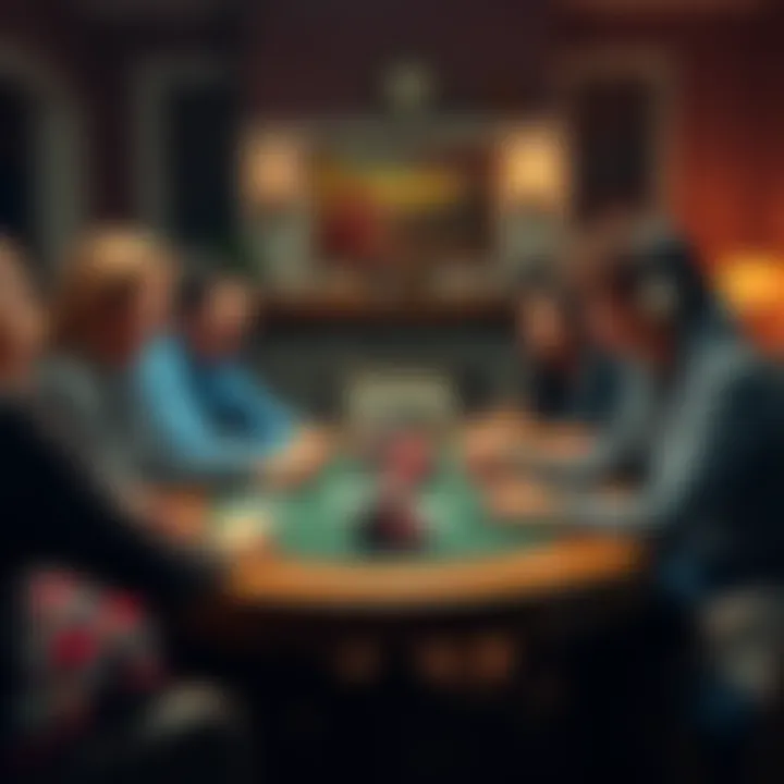 A group of friends playing poker around a table with chips and cards, enjoying a social game night