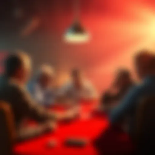 A group of people gathered around a table discussing the end of a home poker game, with cards and chips visible.