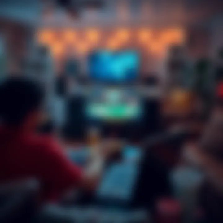 A cozy living room with a person watching a poker game on a laptop, snacks and drinks on the table.