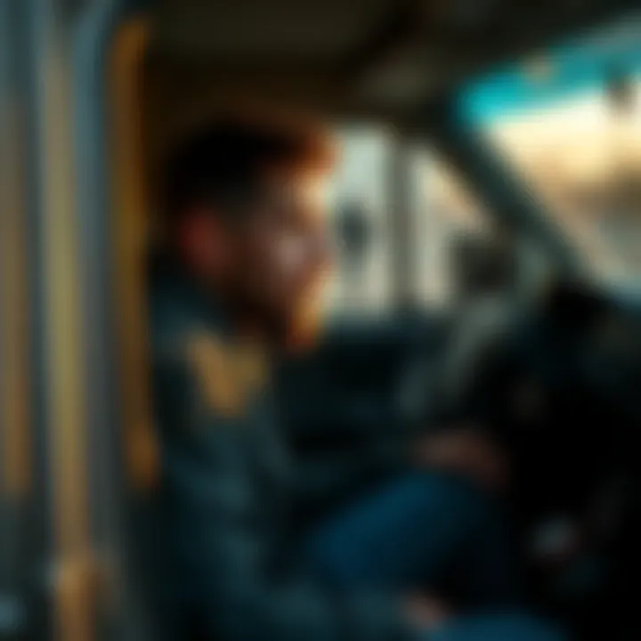A 28-year-old man looking pensive while sitting inside a van, reflecting on his past success and current struggles with homelessness and depression.