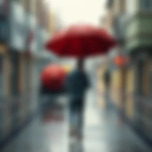 Person holding an umbrella walking through a rainy street, symbolizing perseverance during tough times