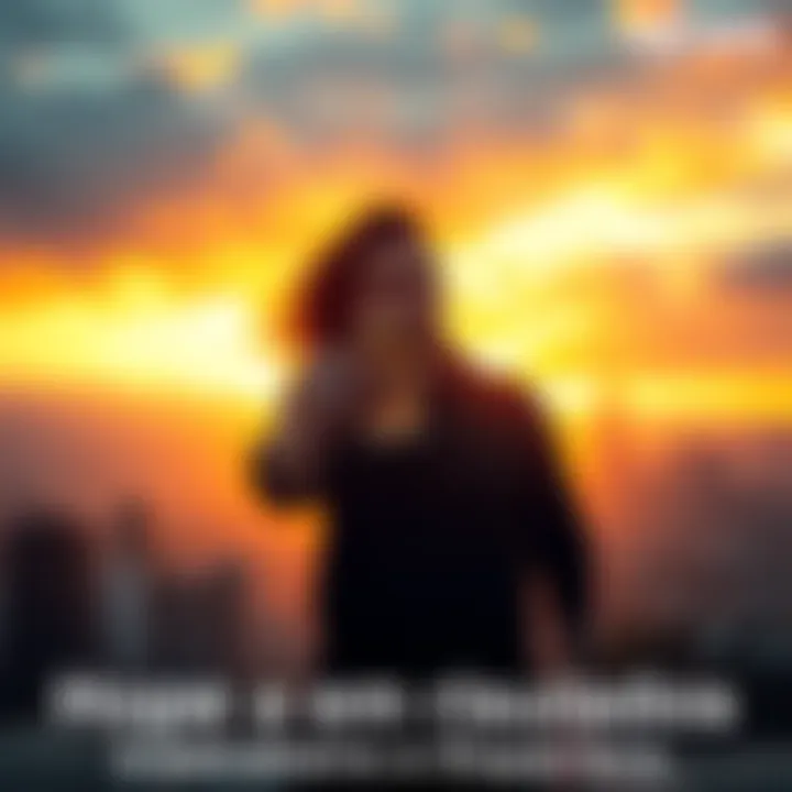 A person with a hopeful expression holding a lottery ticket, standing in front of a city skyline at sunset, symbolizing the mix of hope and frustration in pursuing dreams.