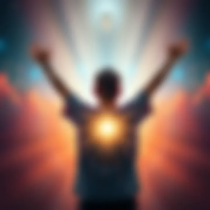 A person with arms raised, surrounded by light, symbolizing faith and hope for a bright future.