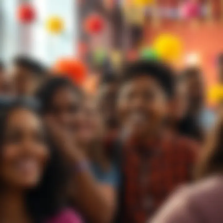 A diverse group of people smiling and engaging in a community event, symbolizing new beginnings and hope, with colorful decorations in the background.