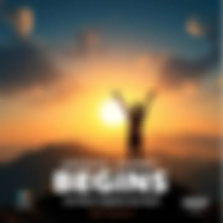 A person stands on a hilltop with arms raised, overlooking a bright sunrise, symbolizing new beginnings and hope.