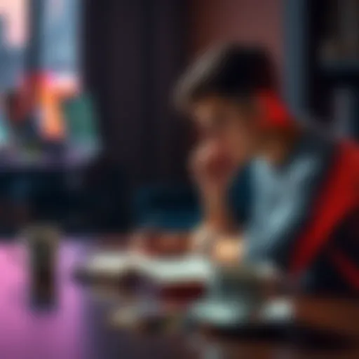 A person sitting at a table, looking thoughtfully at a notebook while reflecting on their journey to overcome gaming addiction, with a cup of coffee nearby.